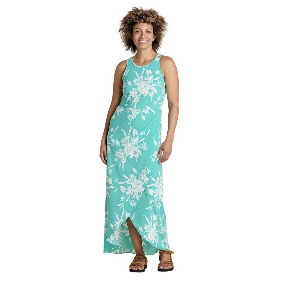 Toad&Co Sunkissed Maxi Dress Teal Floral Cutout Pockets Medium UPF 50 Beach